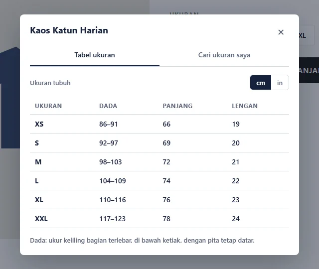 The same size guide shown in Indonesian on an Indonesian product page
